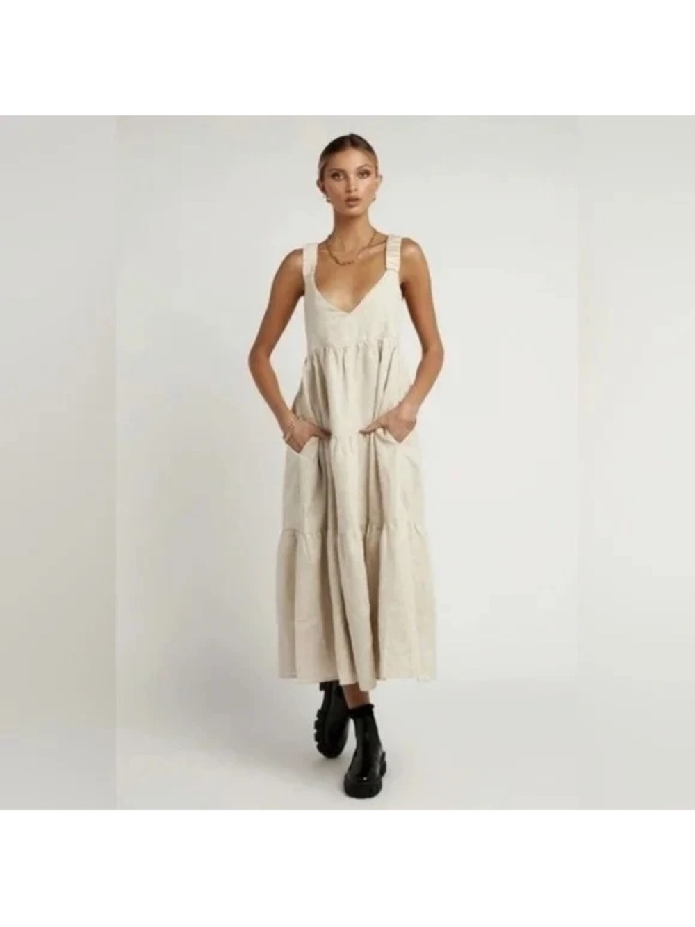 DISSH Cream Tiered V-Neck Midi Dress